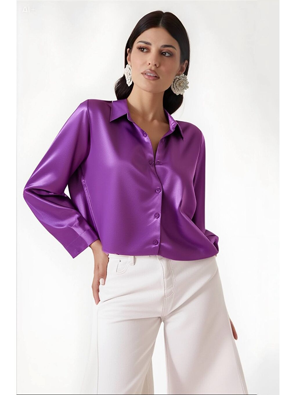 Kadın Lila Hafif Dökümlü Saten Yüzeyli Gömlek Hzl22w-bd139641-2