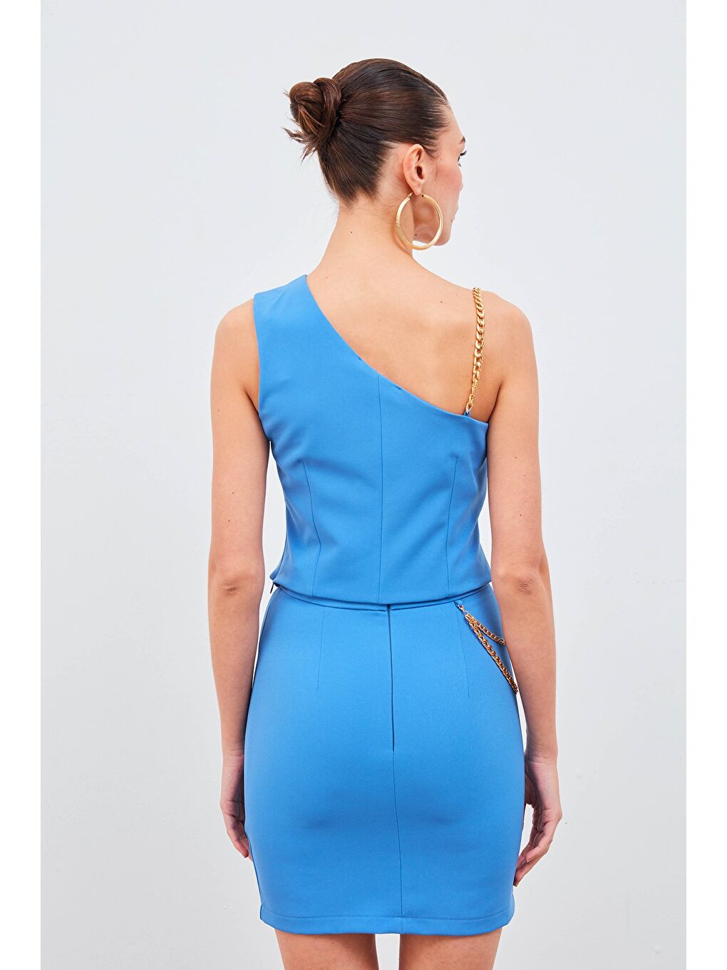 Zincir Askı Detaylı Crop Bluz - Mavi-4