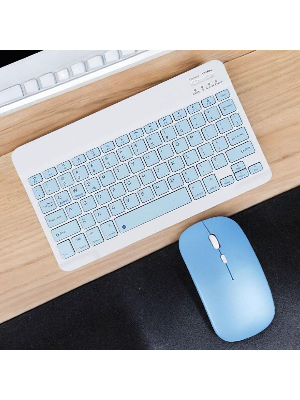 IPad Tüm Tabletler Laptop Uyumlu Bluetooth/Usb Bağlantılı Klavye+Mouse Set Mavi