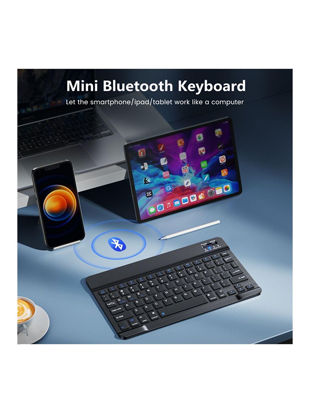 IPad Tüm Tabletler Laptop Uyumlu Bluetooth/Usb Bağlantılı Klavye+Mouse Set Mavi-4