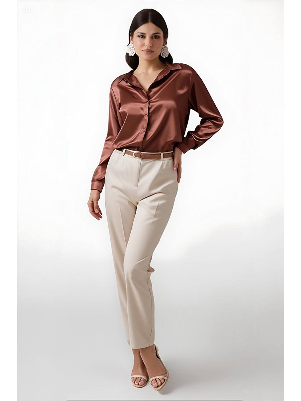 Turuncu Kadın Bakır Hafif Dökümlü Saten Yüzeyli Gömlek Hzl22w-bd139641-1