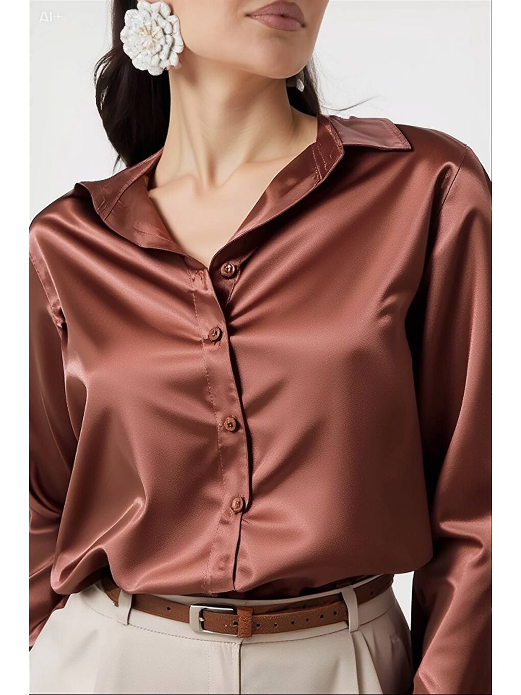 Turuncu Kadın Bakır Hafif Dökümlü Saten Yüzeyli Gömlek Hzl22w-bd139641-2