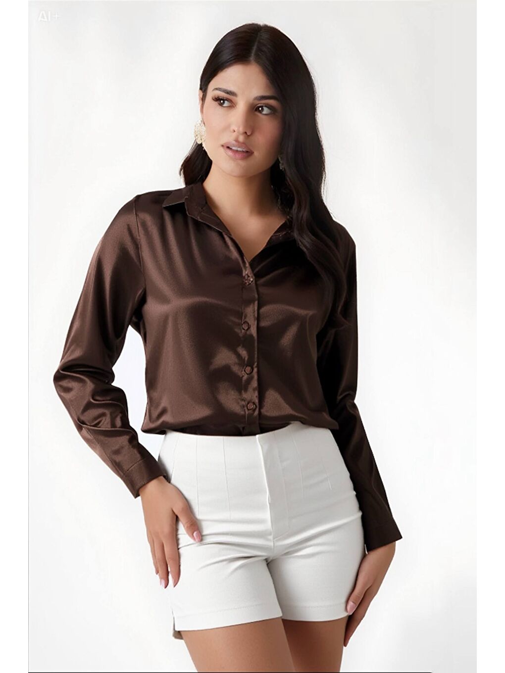 Kadın Kahverengi Hafif Dökümlü Saten Yüzeyli Gömlek HZL22W-BD139641