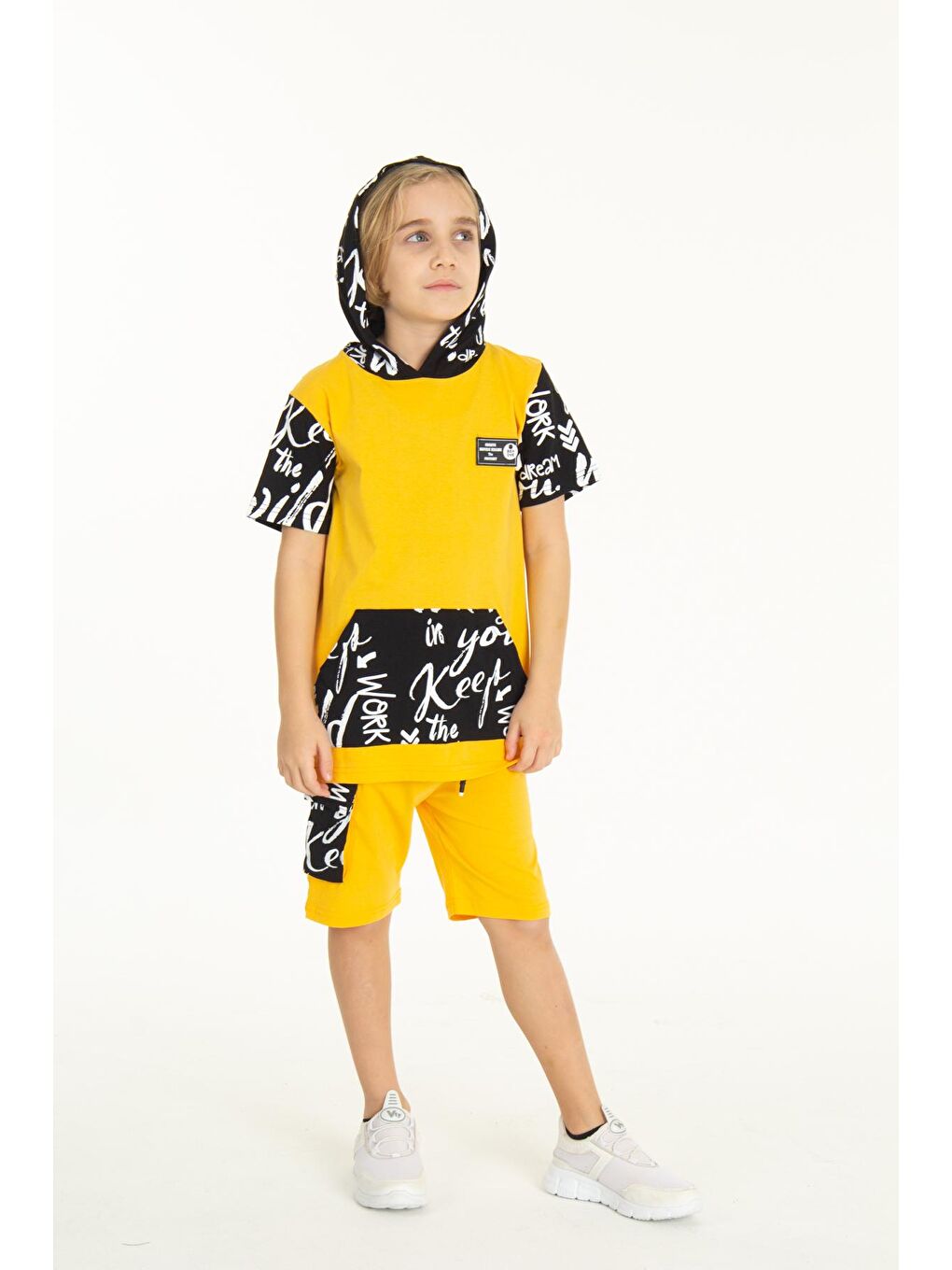 Sarı Erkek Çocuk Kanguru Cepli Şortlu Takım 4-14 Yaş 14055-1