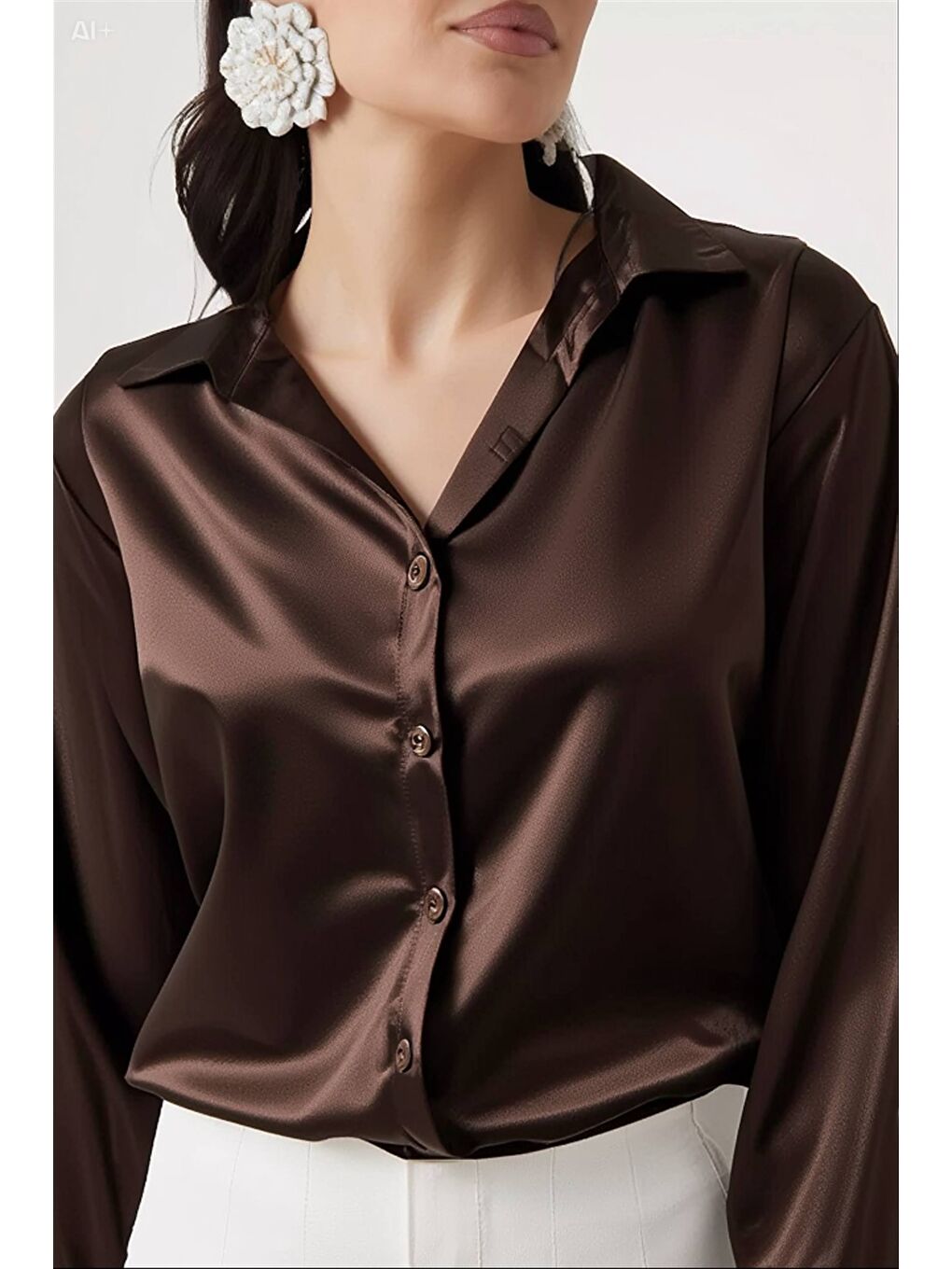 Kadın Kahverengi Hafif Dökümlü Saten Yüzeyli Gömlek HZL22W-BD139641-2