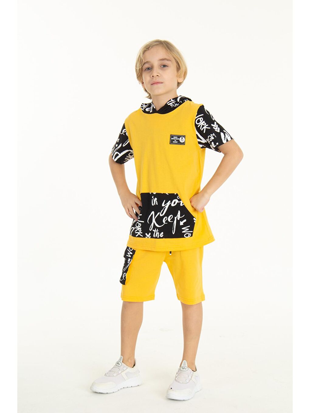 Sarı Erkek Çocuk Kanguru Cepli Şortlu Takım 4-14 Yaş 14055-2