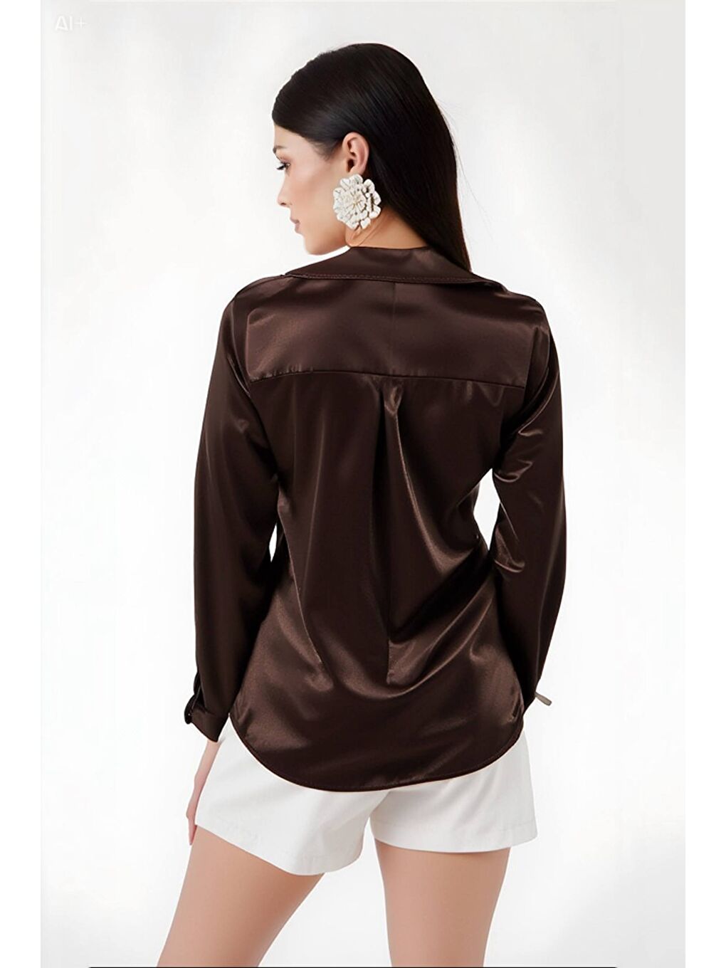 Kadın Kahverengi Hafif Dökümlü Saten Yüzeyli Gömlek HZL22W-BD139641-5