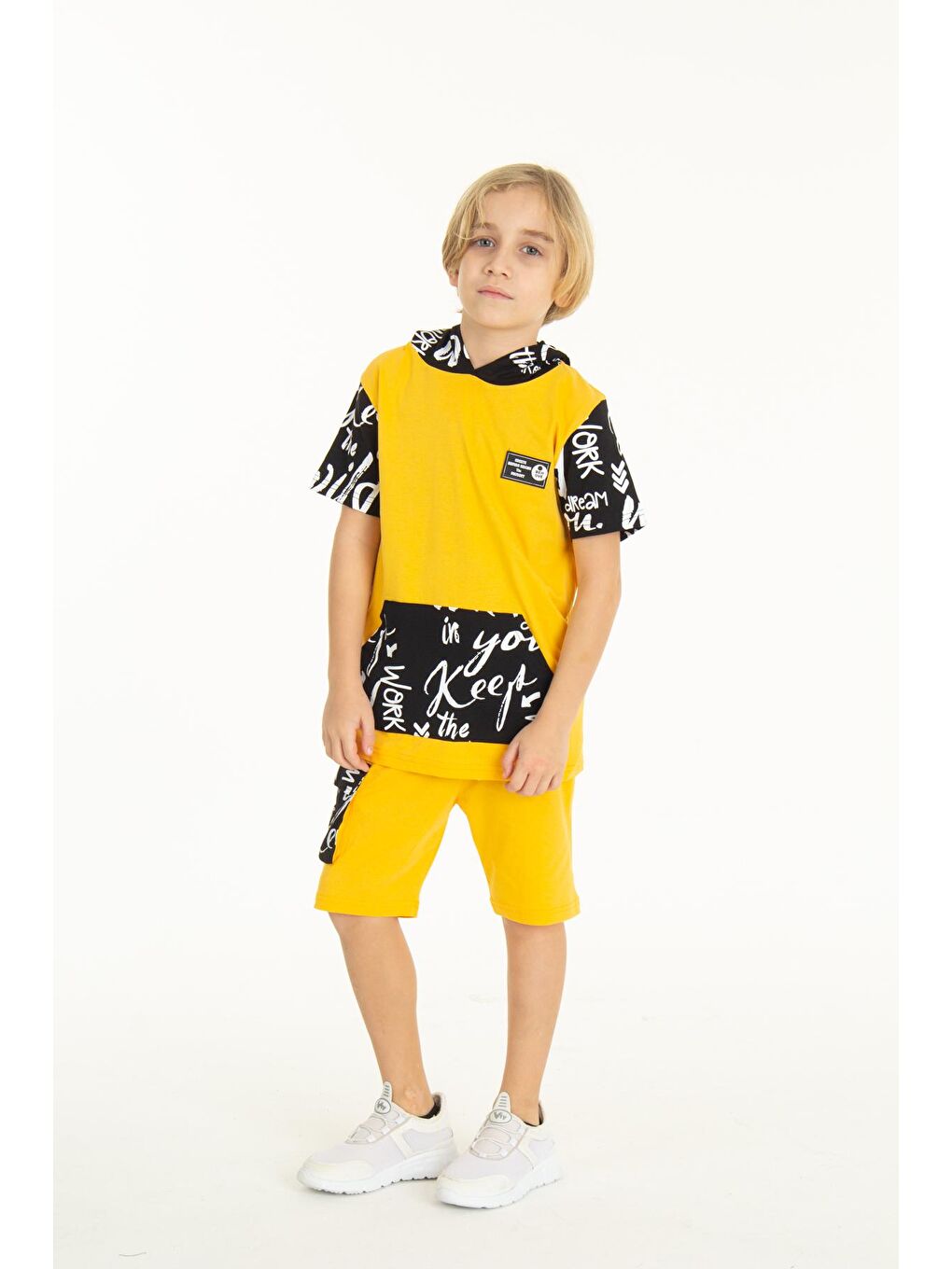 Sarı Erkek Çocuk Kanguru Cepli Şortlu Takım 4-14 Yaş 14055-3