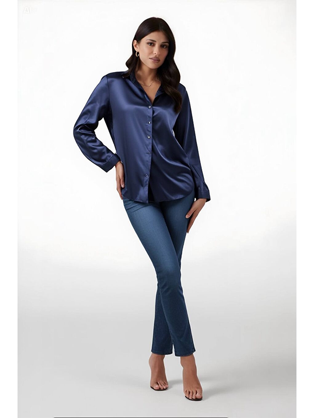 Kadın Lacivert Hafif Dökümlü Saten Yüzeyli Gömlek HZL22W-BD139641-1