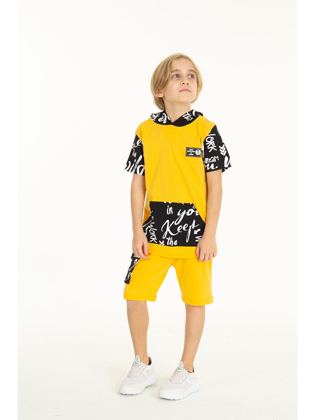 Sarı Erkek Çocuk Kanguru Cepli Şortlu Takım 4-14 Yaş 14055-4