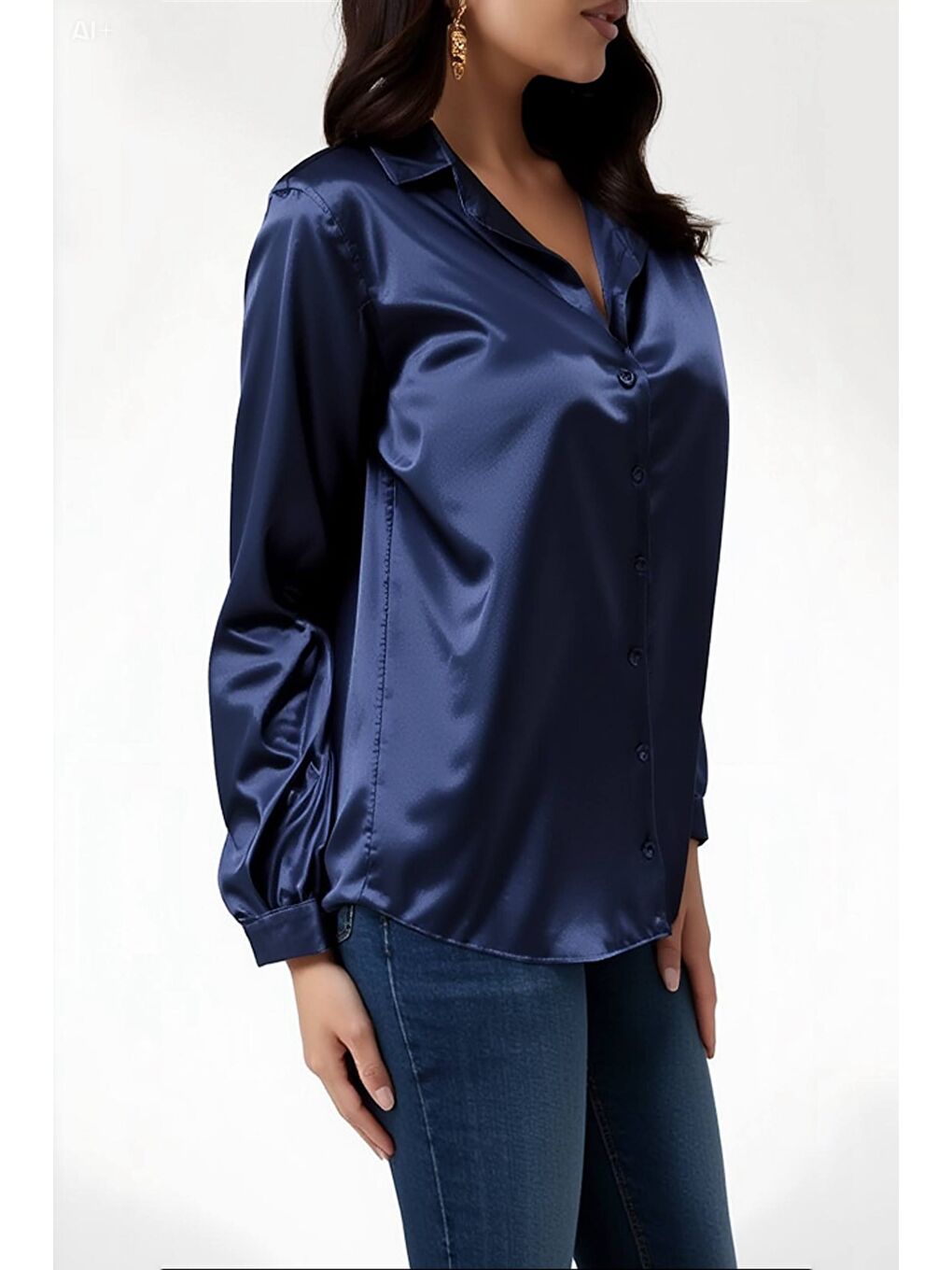 Kadın Lacivert Hafif Dökümlü Saten Yüzeyli Gömlek HZL22W-BD139641-2