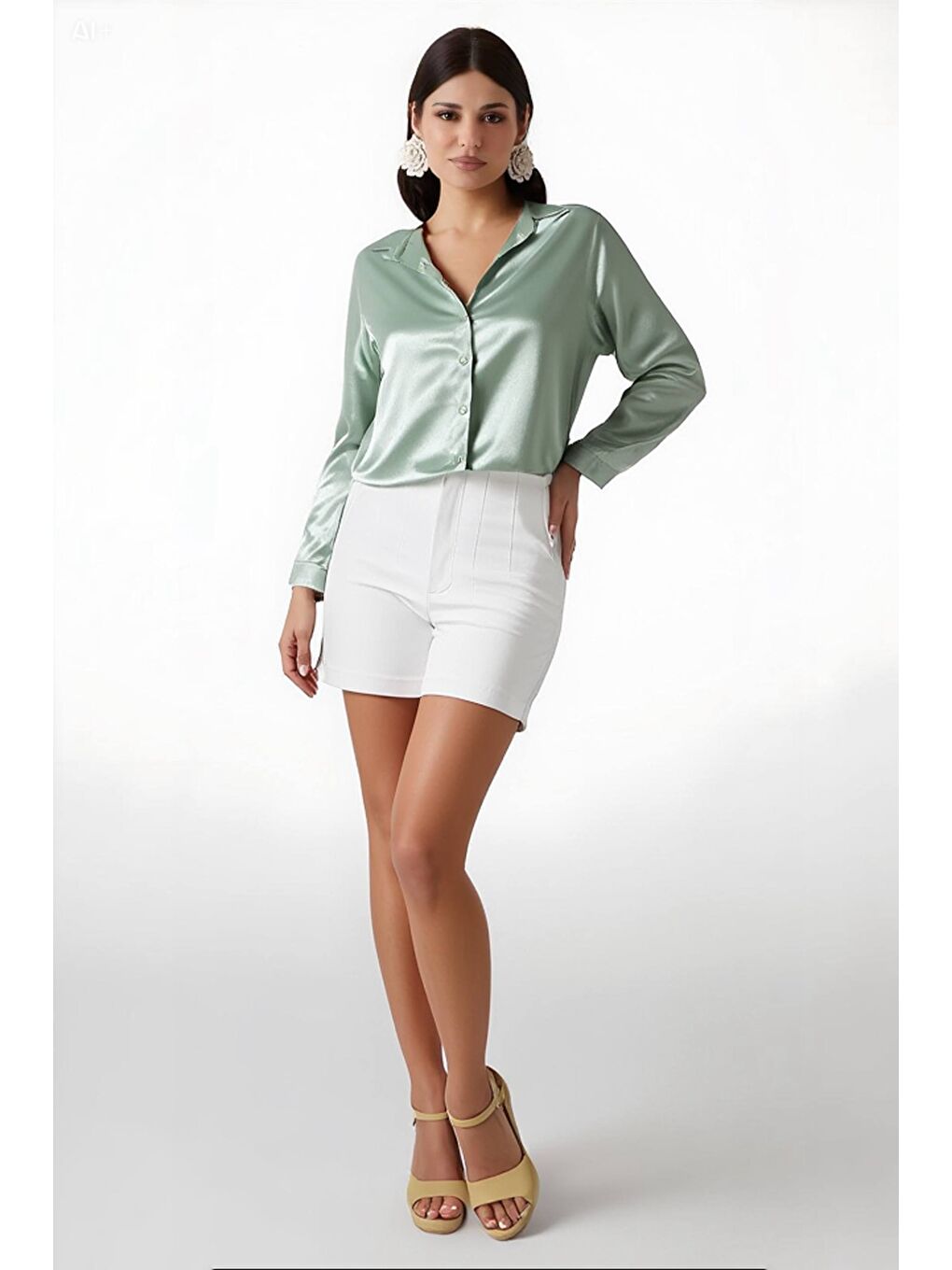 Kadın Çağla Yeşili Hafif Dökümlü Saten Yüzeyli Gömlek Hzl22w-bd139641-1