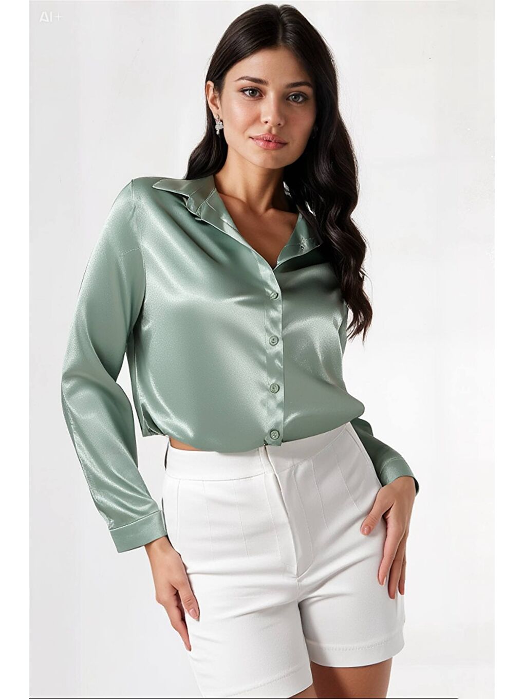 Kadın Çağla Yeşili Hafif Dökümlü Saten Yüzeyli Gömlek Hzl22w-bd139641-2