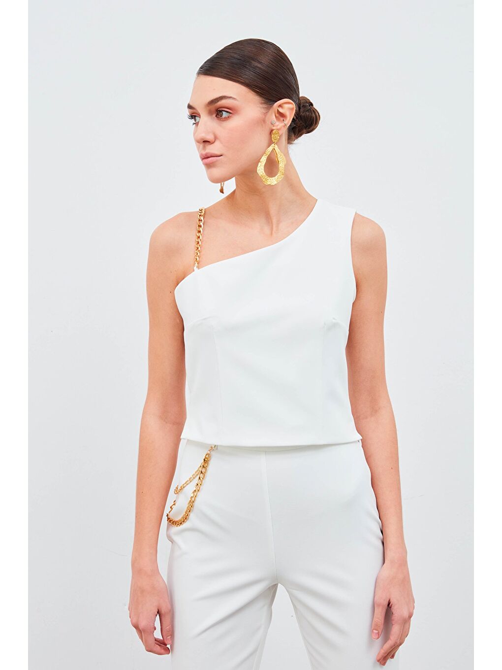 Zincir Askı Detaylı Crop Bluz - Ekru-2