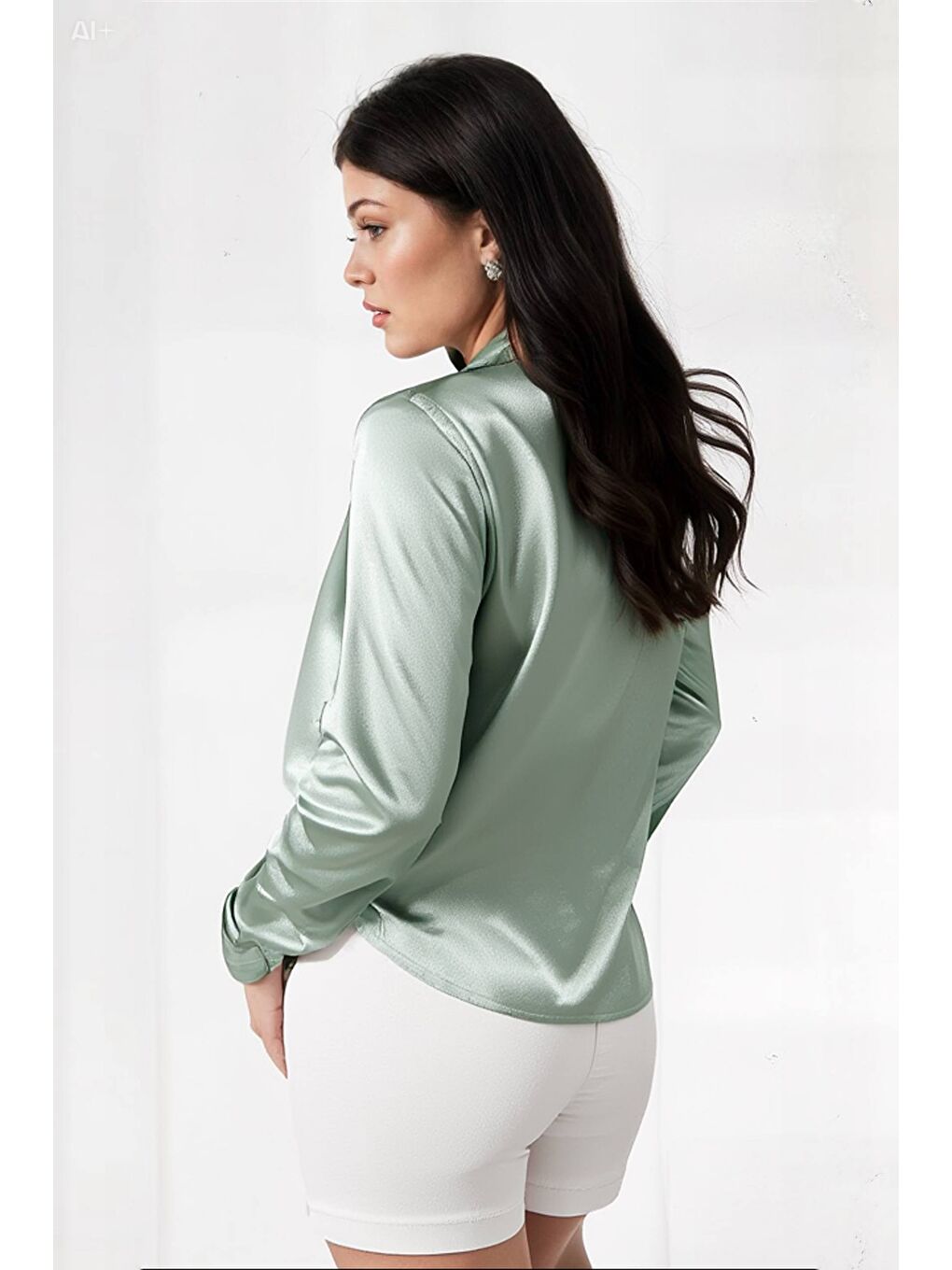 Kadın Çağla Yeşili Hafif Dökümlü Saten Yüzeyli Gömlek Hzl22w-bd139641-3