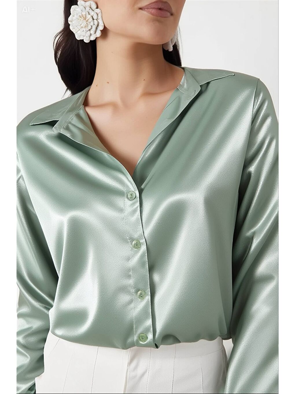 Kadın Çağla Yeşili Hafif Dökümlü Saten Yüzeyli Gömlek Hzl22w-bd139641-4
