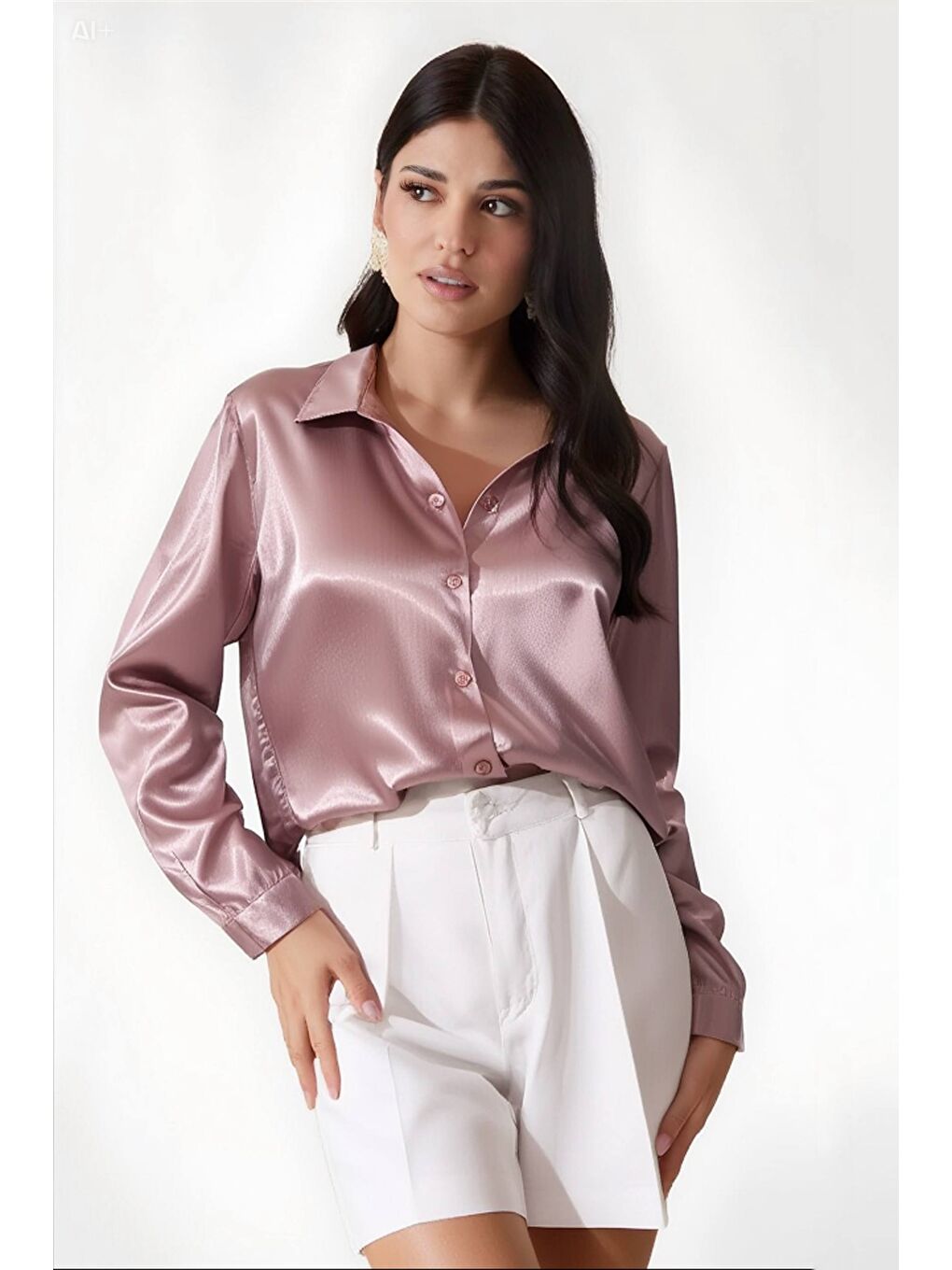 Pembe Kadın Gül Kurusu Hafif Dökümlü Saten Yüzeyli Gömlek HZL22W-BD139641