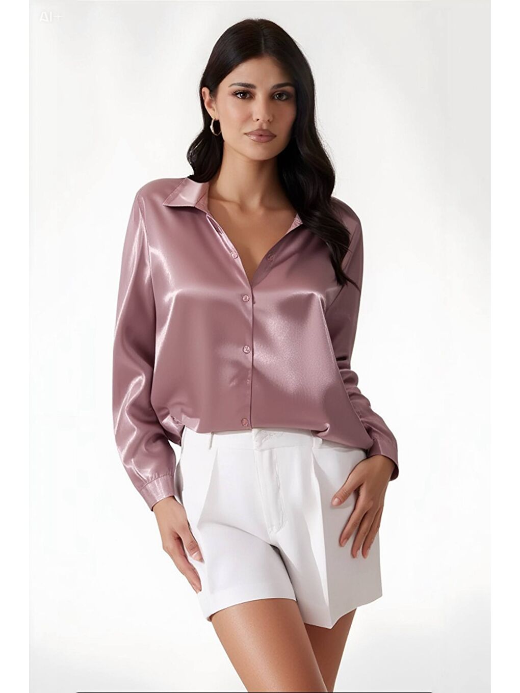 Pembe Kadın Gül Kurusu Hafif Dökümlü Saten Yüzeyli Gömlek HZL22W-BD139641-2