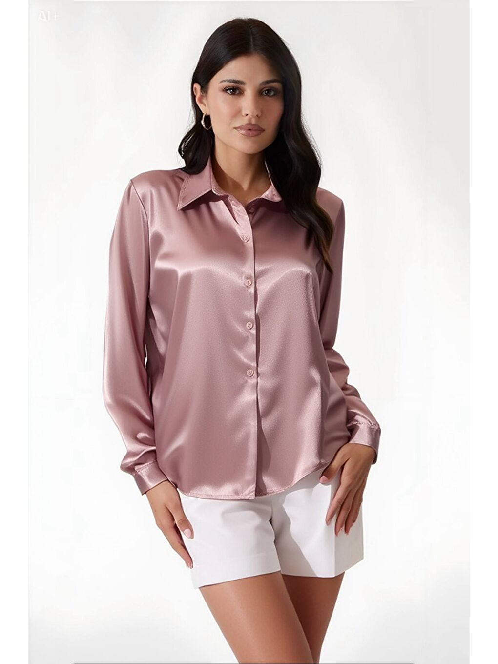 Pembe Kadın Gül Kurusu Hafif Dökümlü Saten Yüzeyli Gömlek HZL22W-BD139641-3