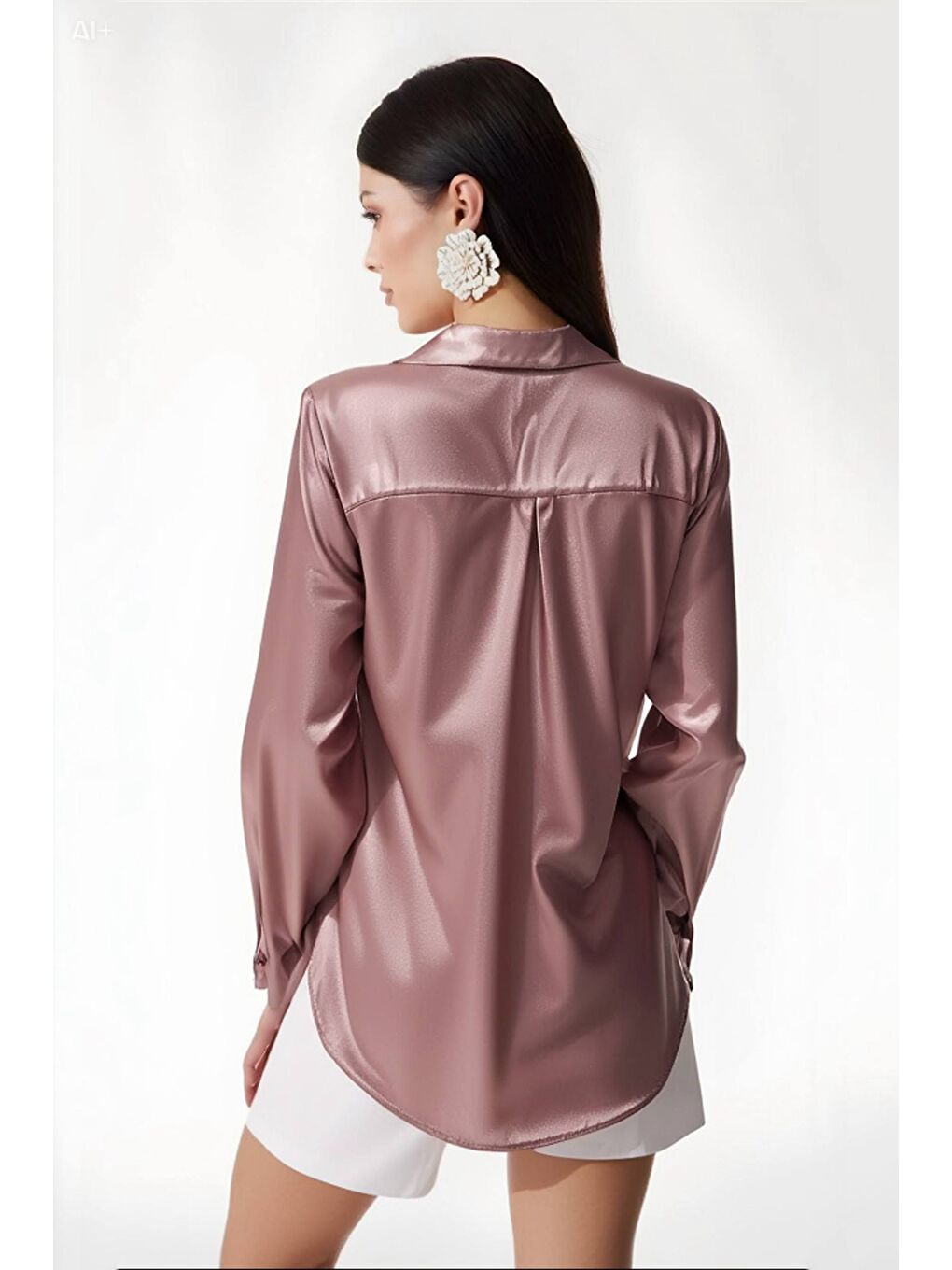 Pembe Kadın Gül Kurusu Hafif Dökümlü Saten Yüzeyli Gömlek HZL22W-BD139641-5