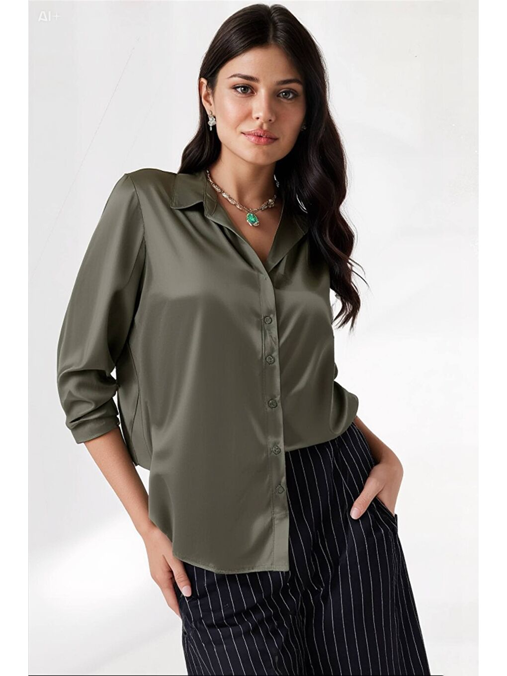 Kadın Haki Hafif Dökümlü Saten Yüzeyli Gömlek Hzl22w-bd139641