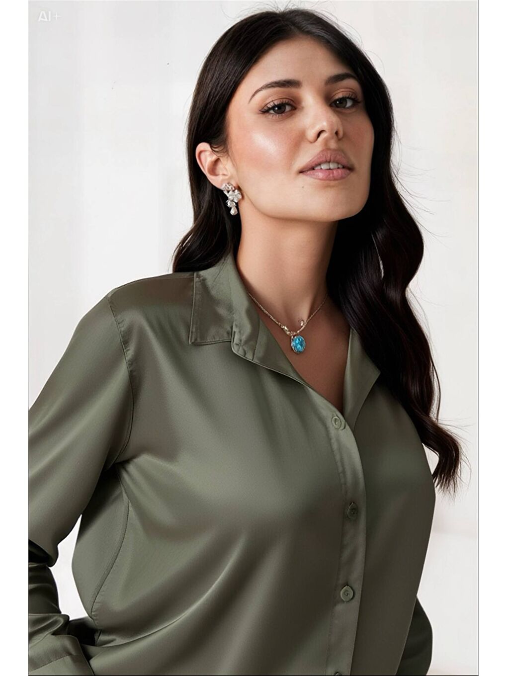 Kadın Haki Hafif Dökümlü Saten Yüzeyli Gömlek Hzl22w-bd139641-1