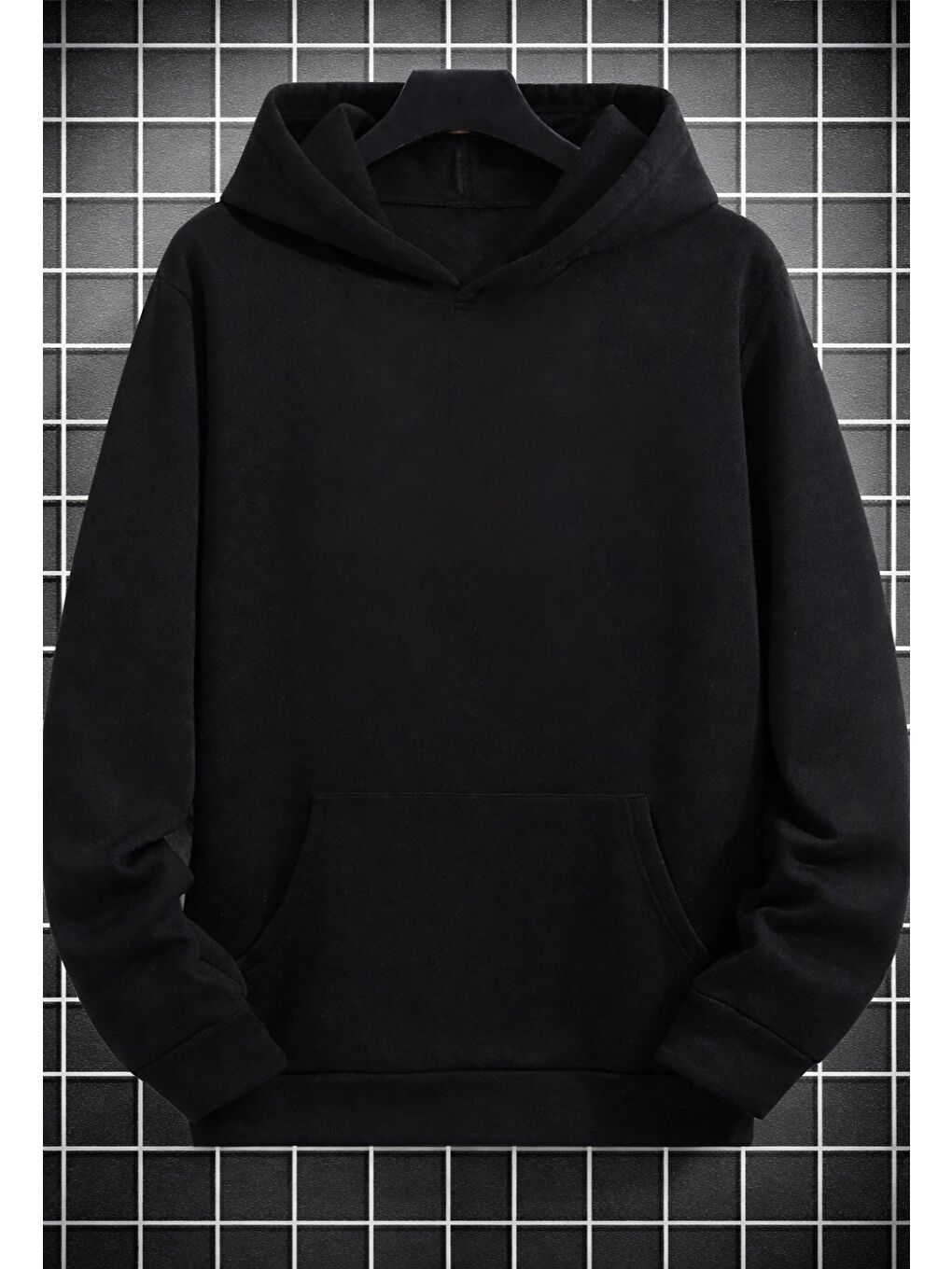 Unisex Erkek KOREA Fish Özel Baskı Pamuklu Oversize Kapüşonlu Sweatshirt Siyah-1