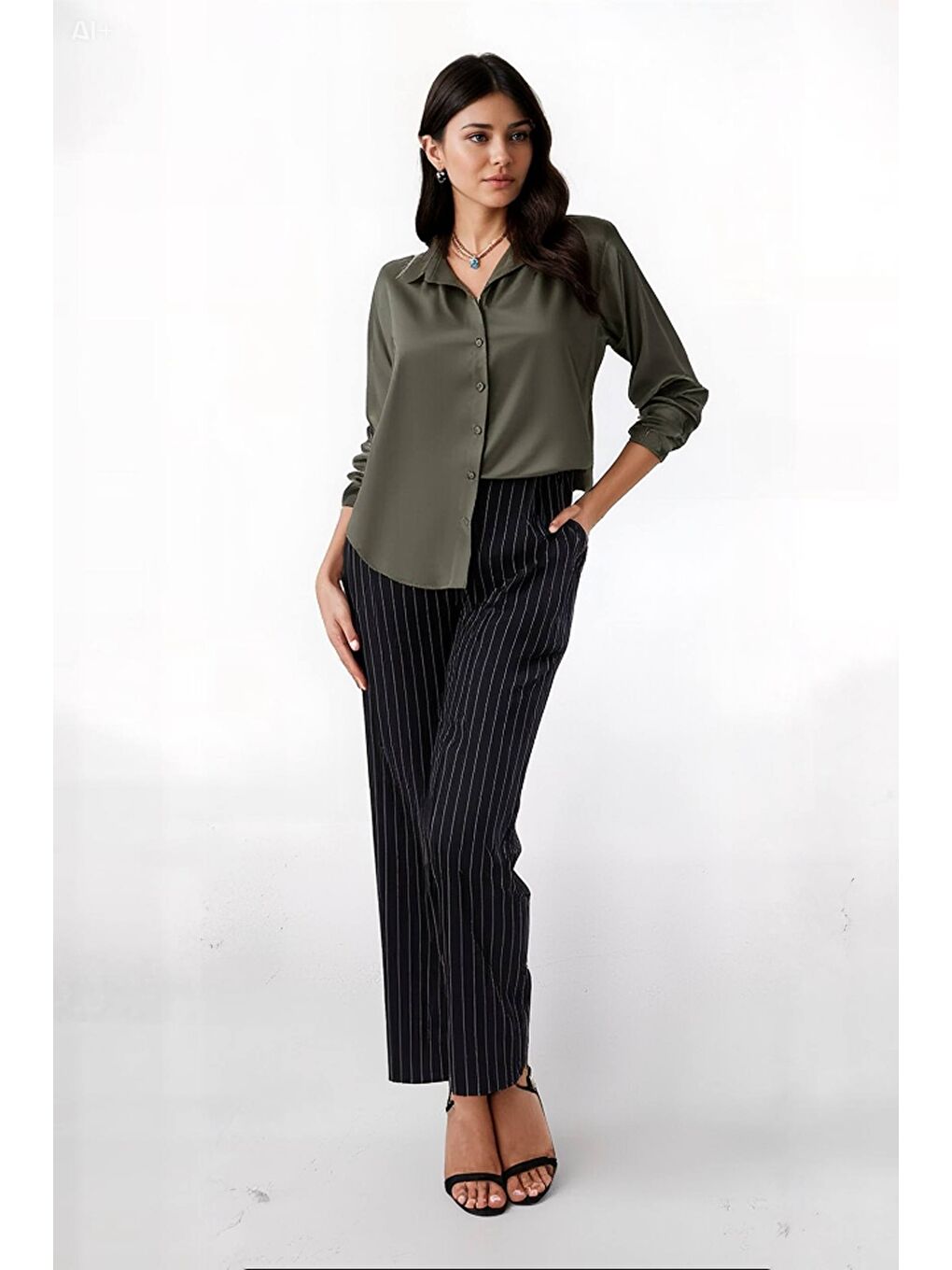 Kadın Haki Hafif Dökümlü Saten Yüzeyli Gömlek Hzl22w-bd139641-2