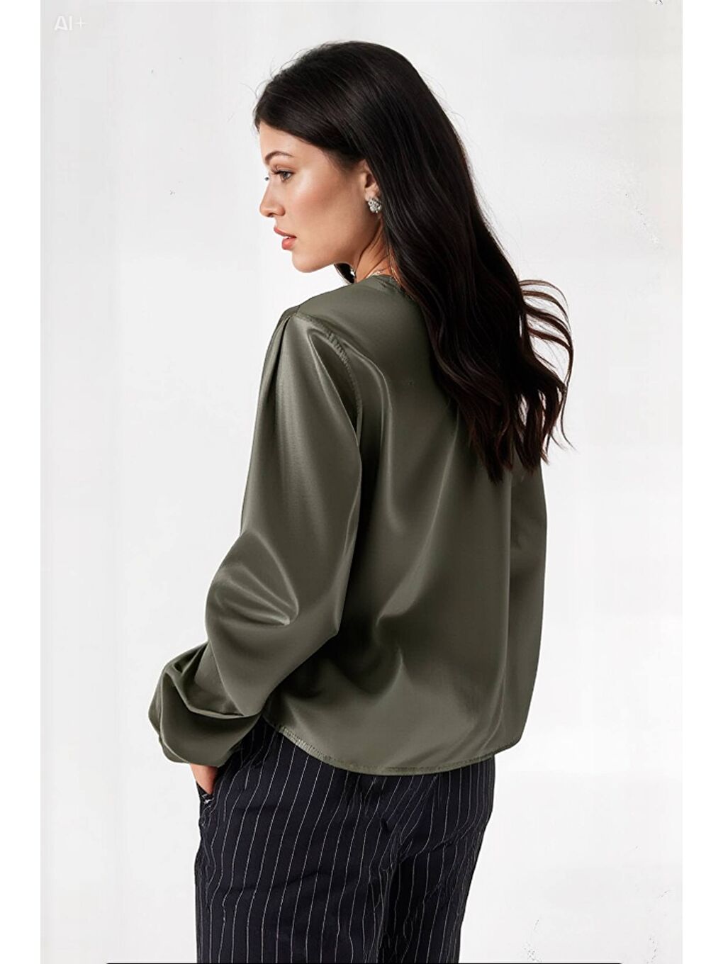 Kadın Haki Hafif Dökümlü Saten Yüzeyli Gömlek Hzl22w-bd139641-3
