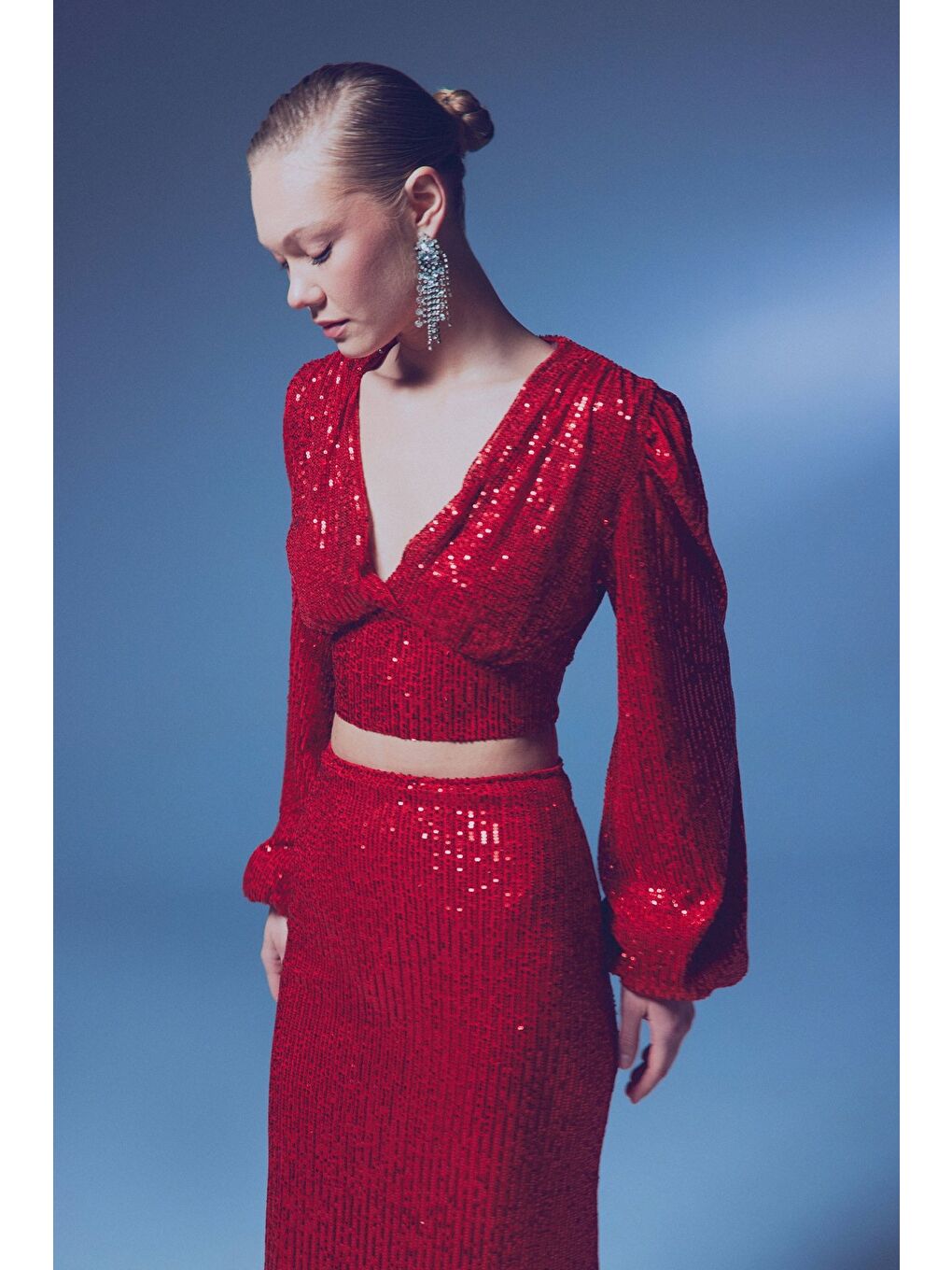 SATEEN Kirmizi Kruvaze Payetli Crop Bluz - Kırmızı - 1