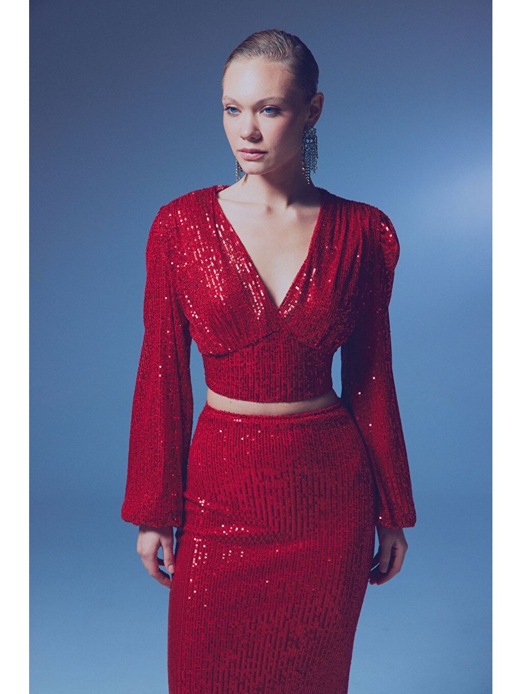 SATEEN Kirmizi Kruvaze Payetli Crop Bluz - Kırmızı - 2