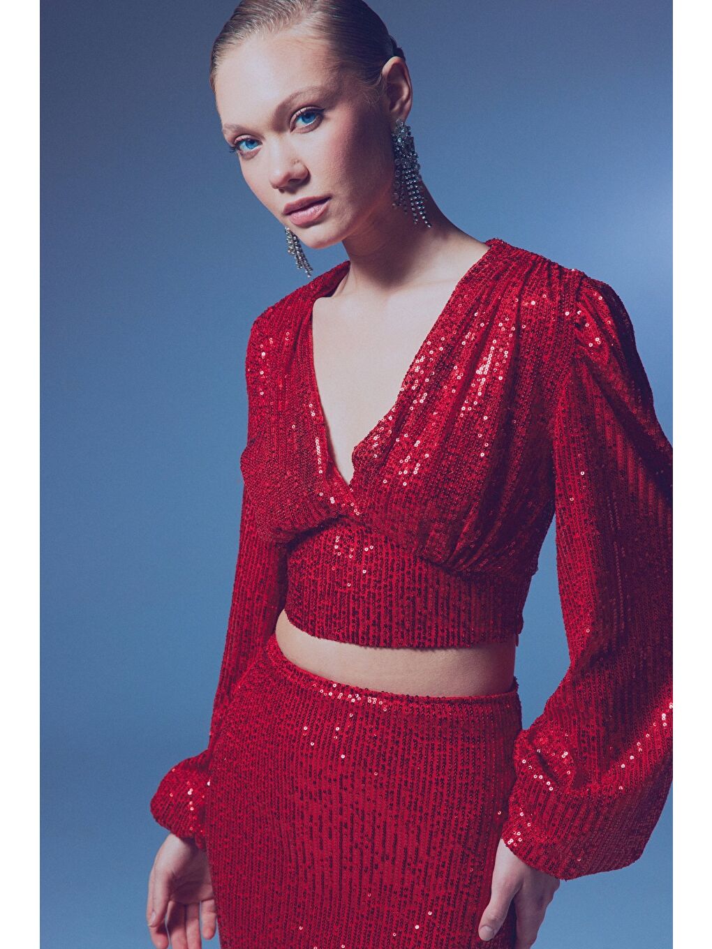 SATEEN Kirmizi Kruvaze Payetli Crop Bluz - Kırmızı - 3