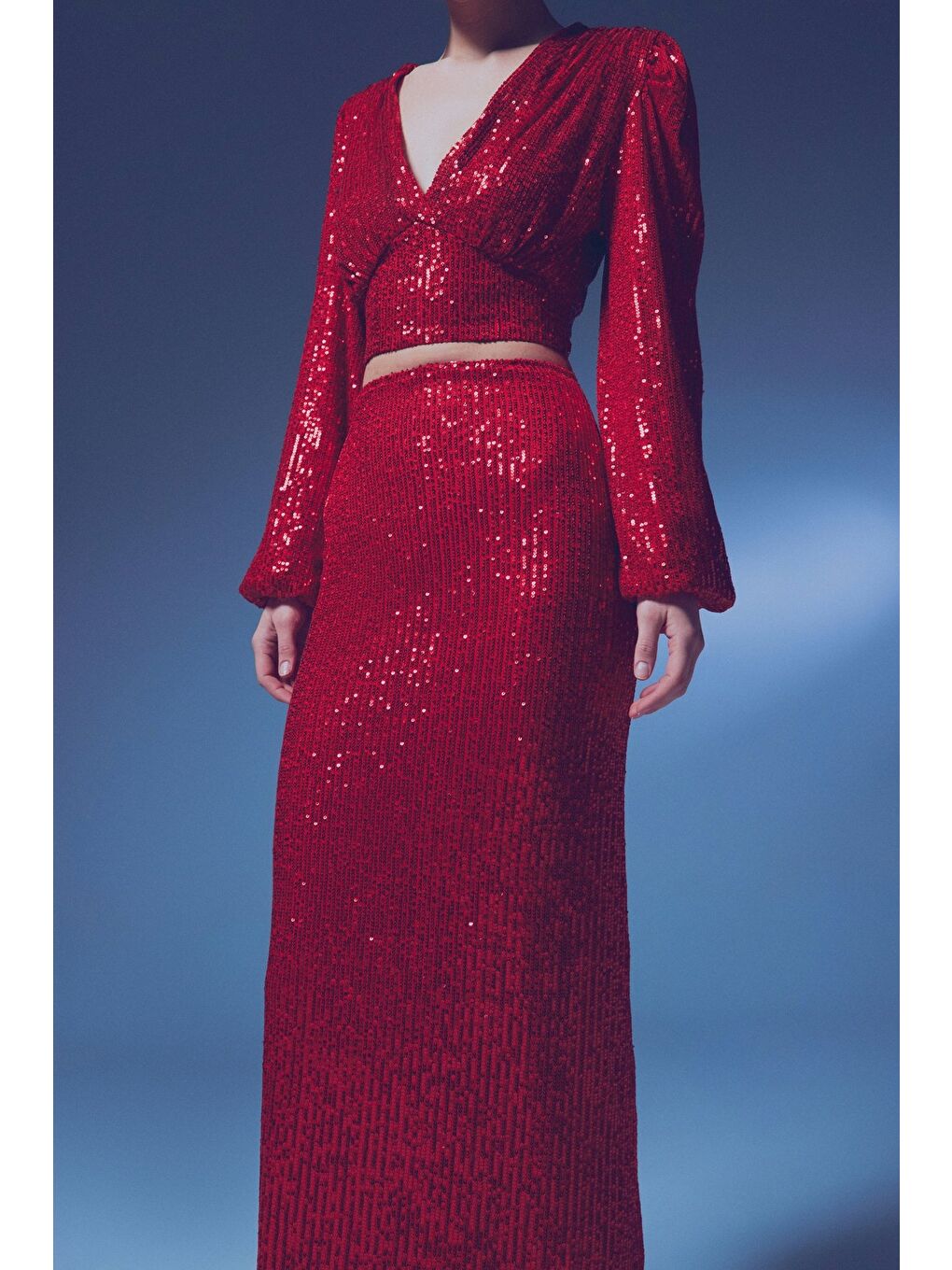 SATEEN Kirmizi Kruvaze Payetli Crop Bluz - Kırmızı - 4