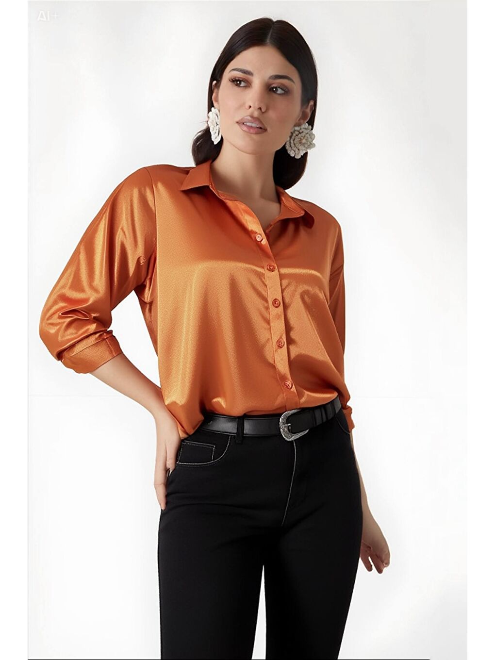 Turuncu Kadın Oranj Hafif Dökümlü Saten Yüzeyli Gömlek HZL22W-BD139641