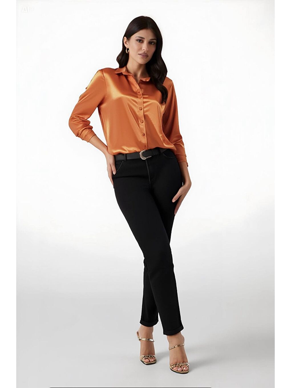 Turuncu Kadın Oranj Hafif Dökümlü Saten Yüzeyli Gömlek HZL22W-BD139641-1