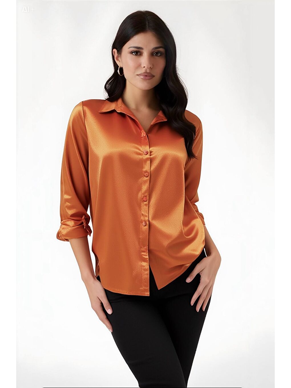 Turuncu Kadın Oranj Hafif Dökümlü Saten Yüzeyli Gömlek HZL22W-BD139641-2