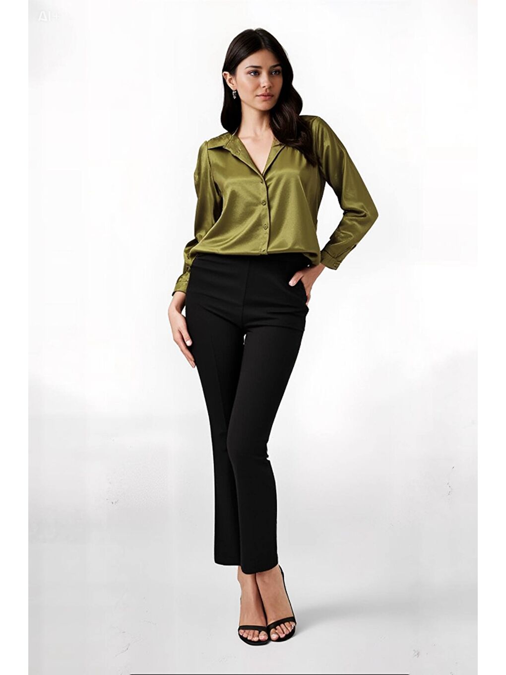 Kadın Yağ Yeşili Hafif Dökümlü Saten Yüzeyli Gömlek HZL22W-BD139641-1