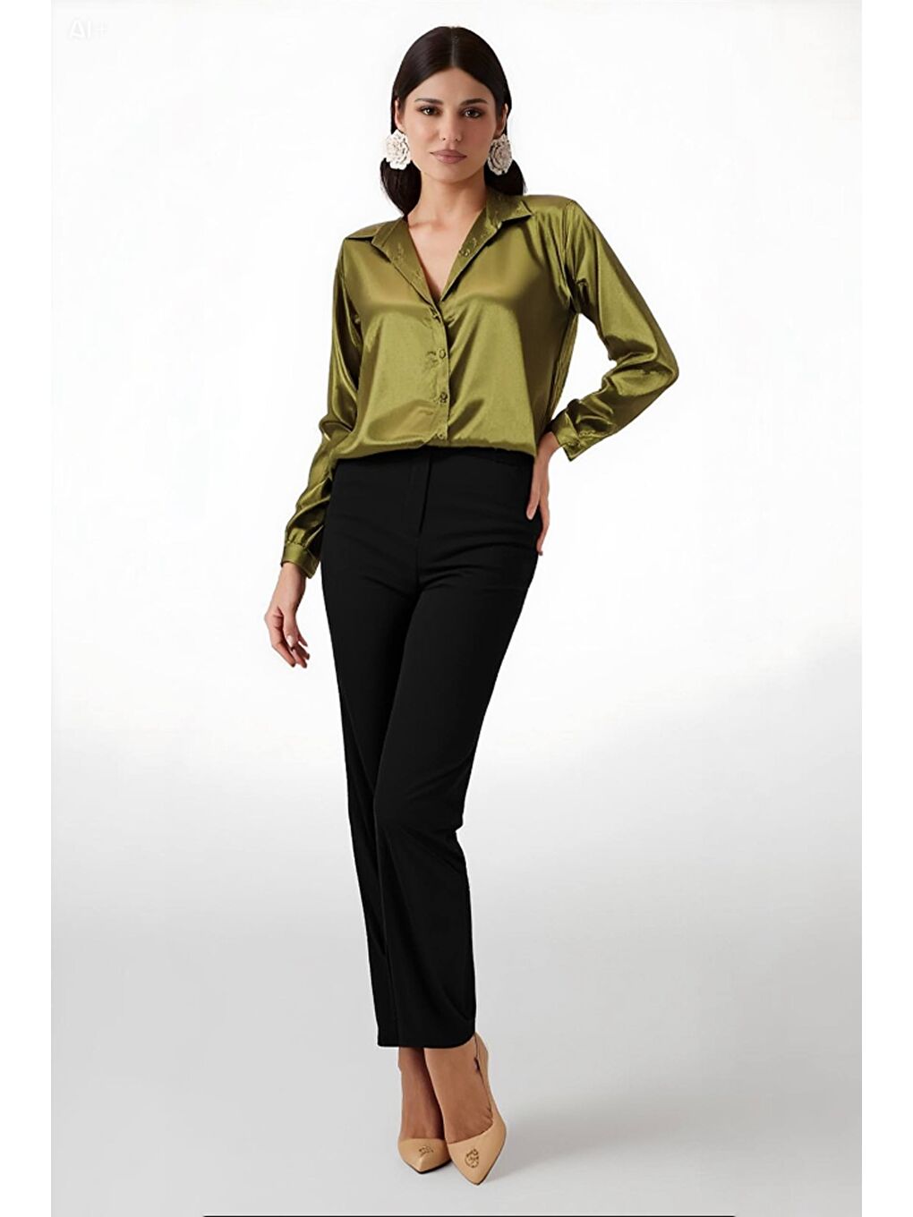 Kadın Yağ Yeşili Hafif Dökümlü Saten Yüzeyli Gömlek HZL22W-BD139641-2