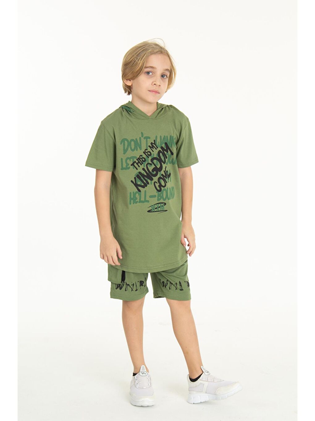 Haki Erkek Çocuk Kingdom Yazılı Kapüşonlu Şortlu Takım 14066
