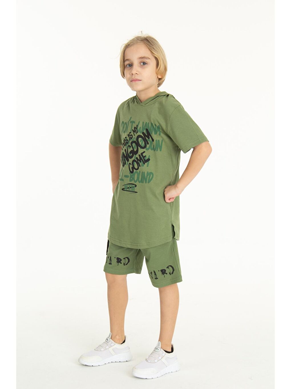 Haki Erkek Çocuk Kingdom Yazılı Kapüşonlu Şortlu Takım 14066-1