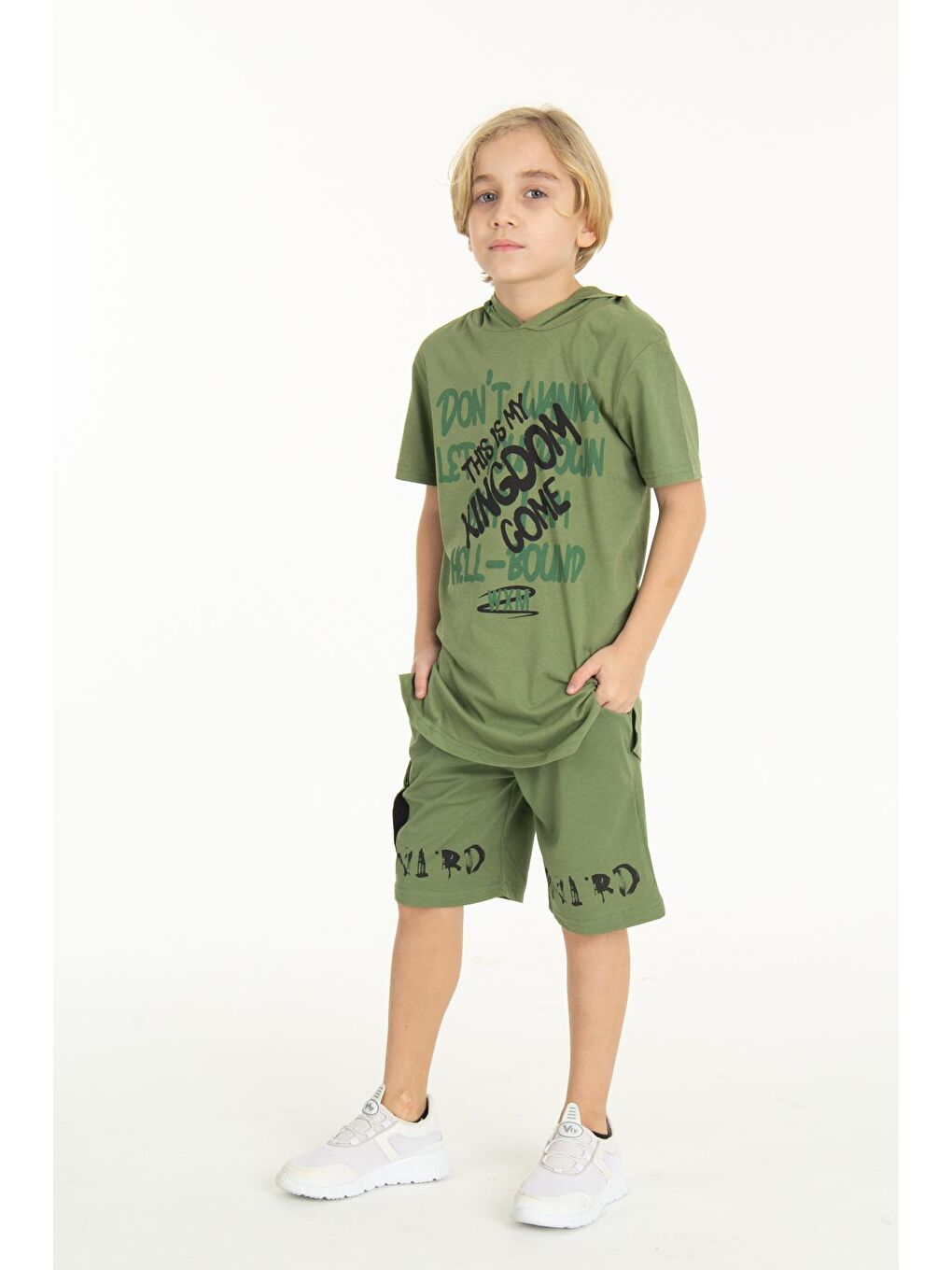 Haki Erkek Çocuk Kingdom Yazılı Kapüşonlu Şortlu Takım 14066-2