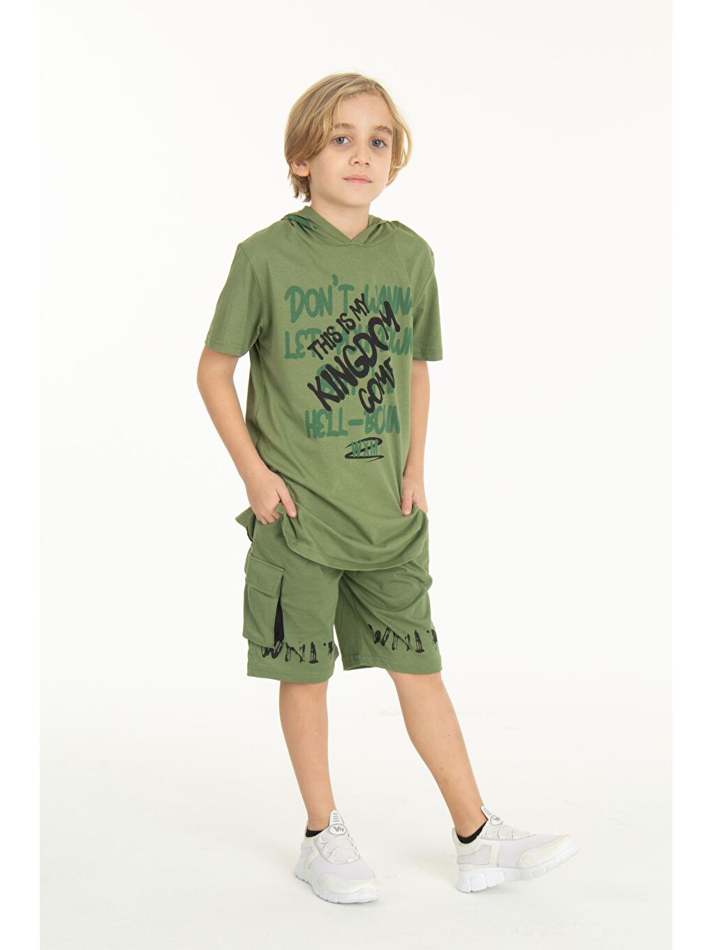 Haki Erkek Çocuk Kingdom Yazılı Kapüşonlu Şortlu Takım 14066-3