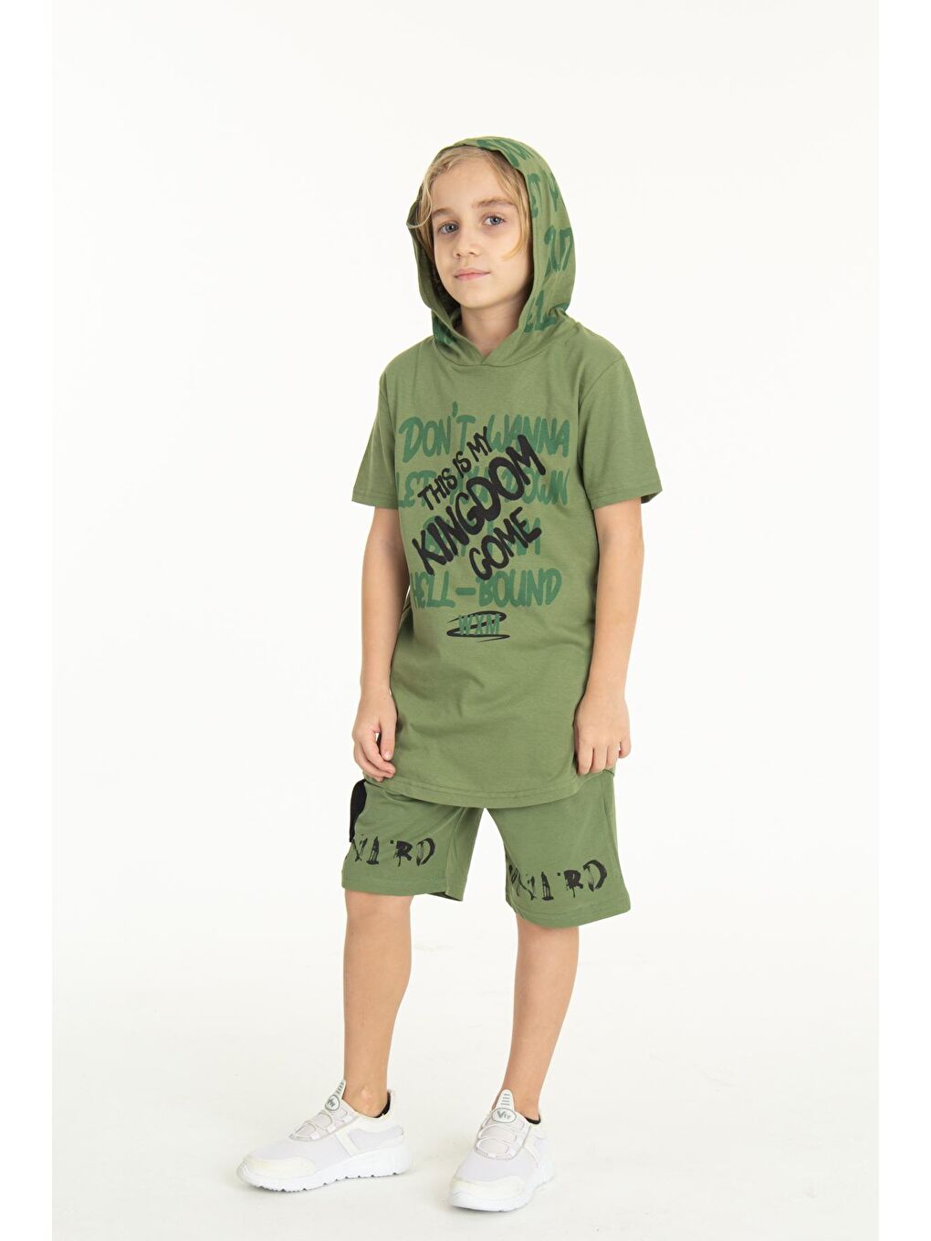 Haki Erkek Çocuk Kingdom Yazılı Kapüşonlu Şortlu Takım 14066-4