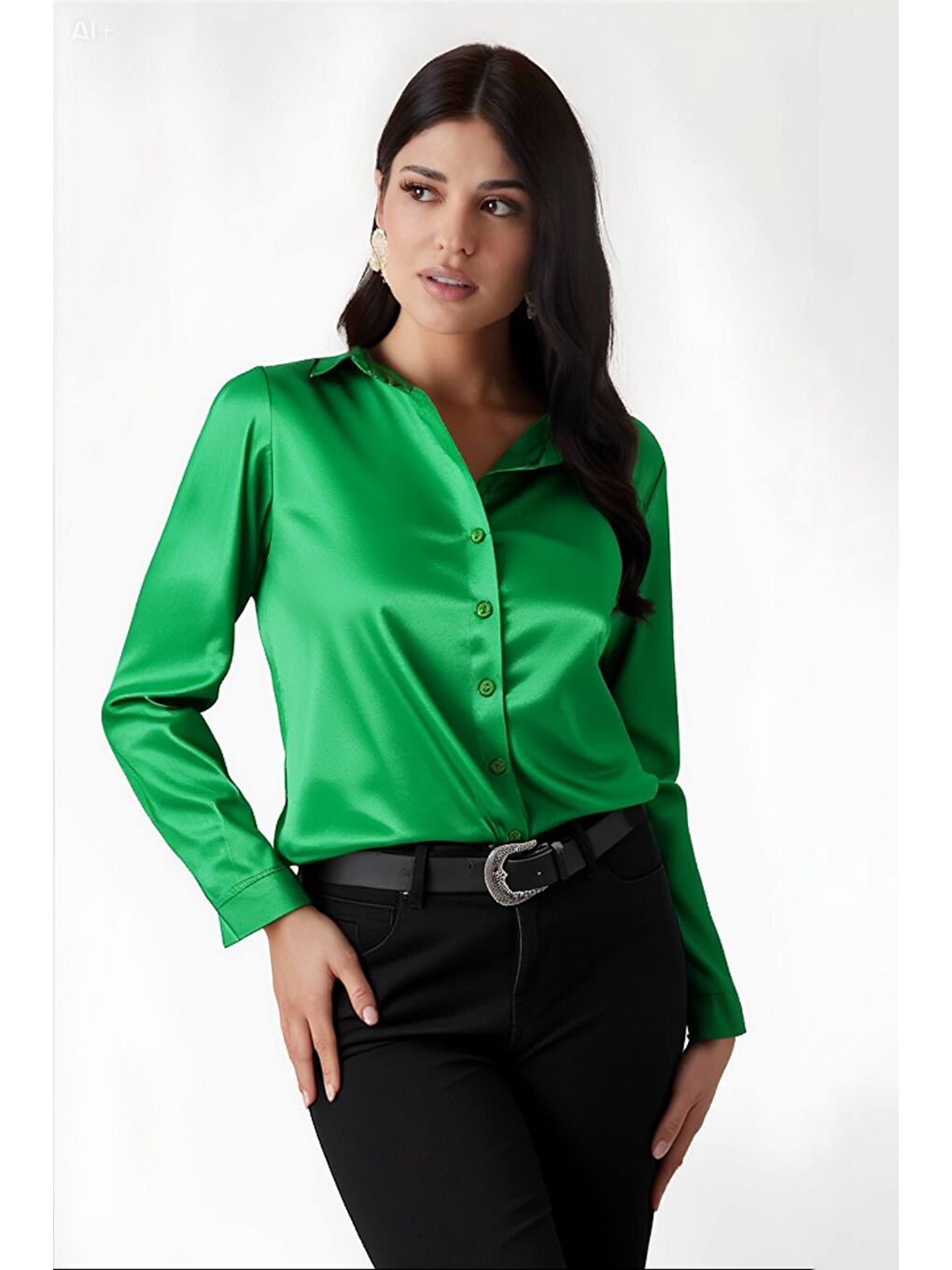 Kadın Koyu Yeşil Hafif Dökümlü Saten Yüzeyli Gömlek HZL22W-BD139641