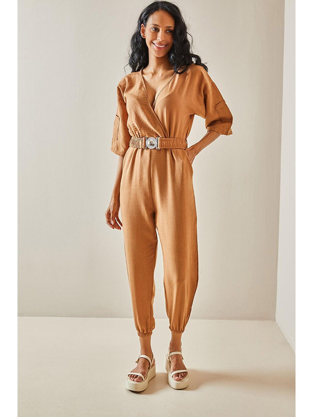 Sarı Camel Rengi Beli Kemerli Tulum 3YXK6-47404-53