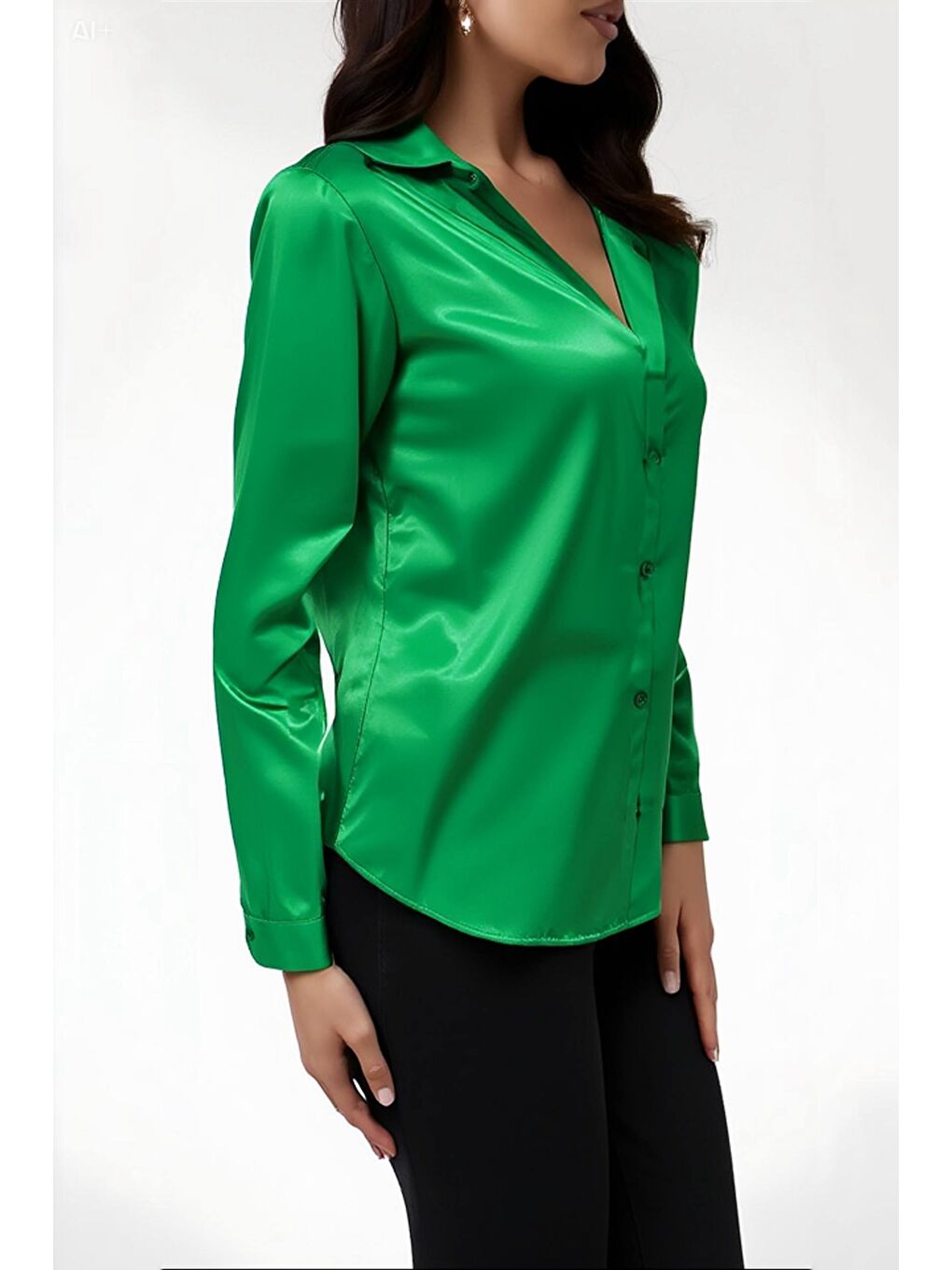 Kadın Koyu Yeşil Hafif Dökümlü Saten Yüzeyli Gömlek HZL22W-BD139641-2