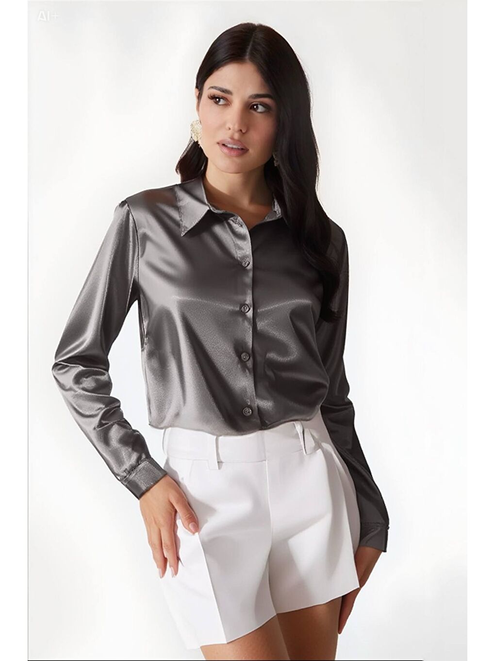 Kadın Antrasit Hafif Dökümlü Saten Yüzeyli Gömlek Hzl22w-bd139641