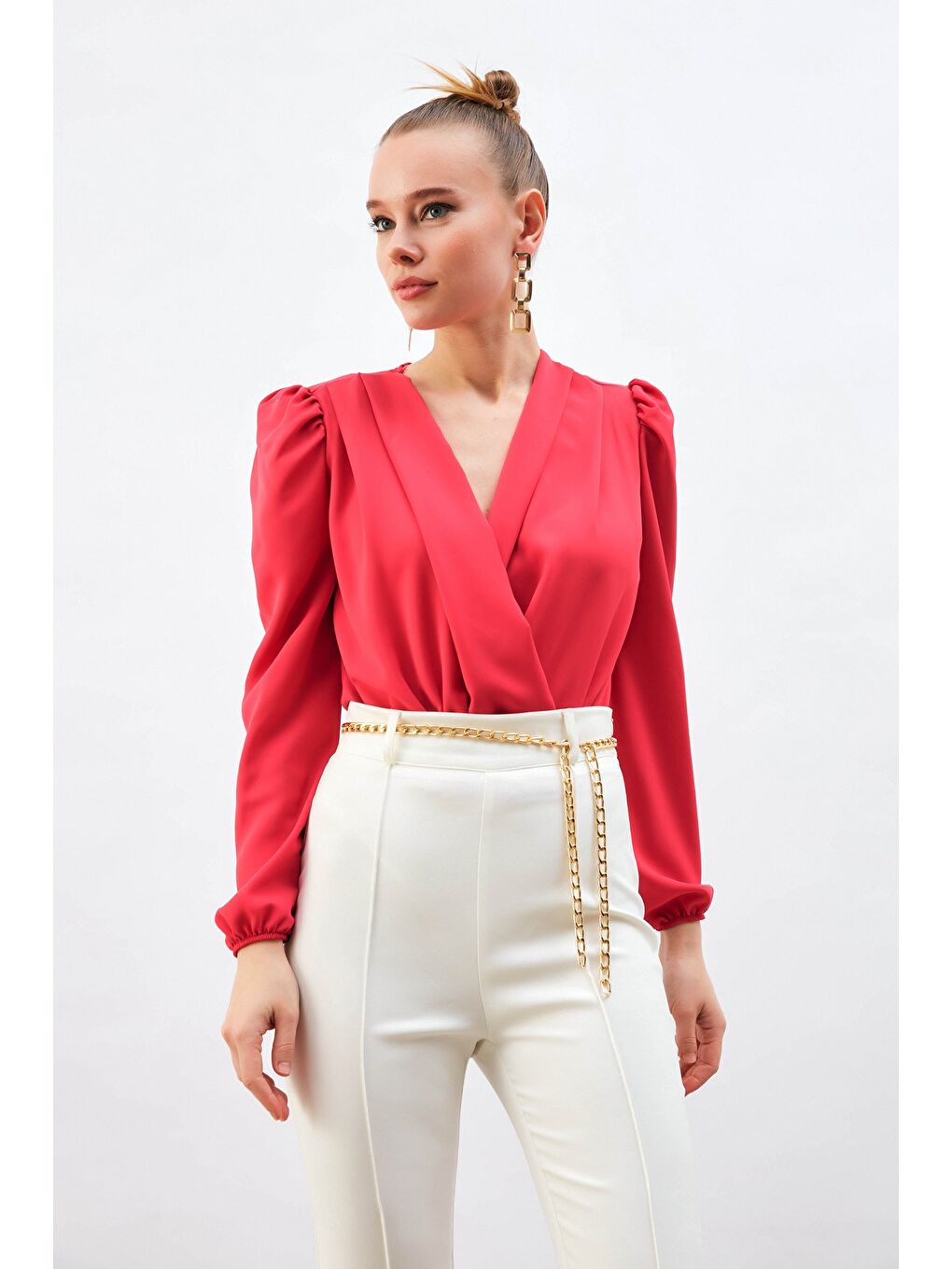 Kruvaze Vatkalı Bodysuit - Mercan