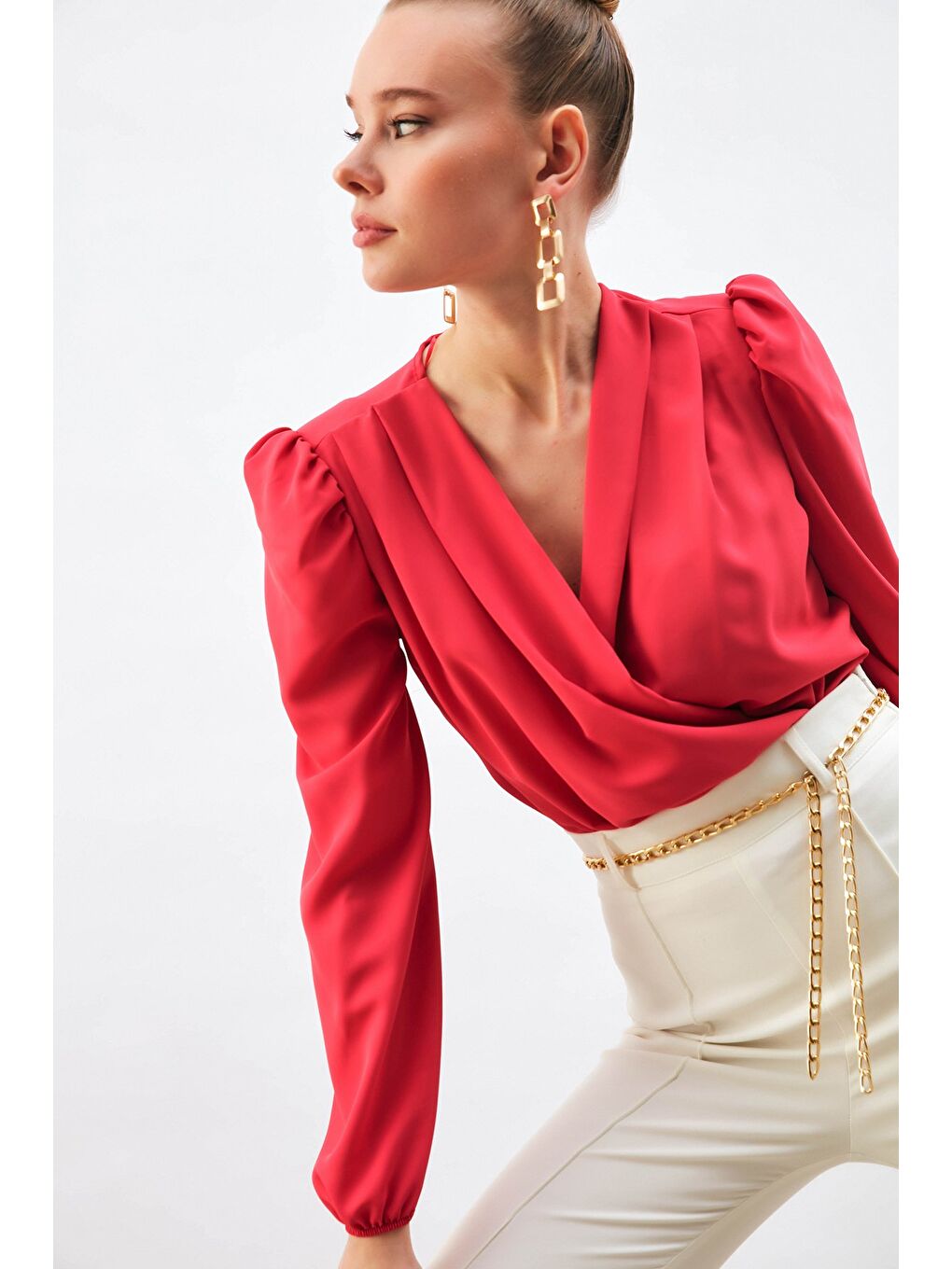 Kruvaze Vatkalı Bodysuit - Mercan-1