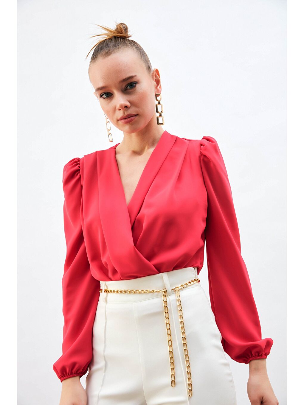 Kruvaze Vatkalı Bodysuit - Mercan-2